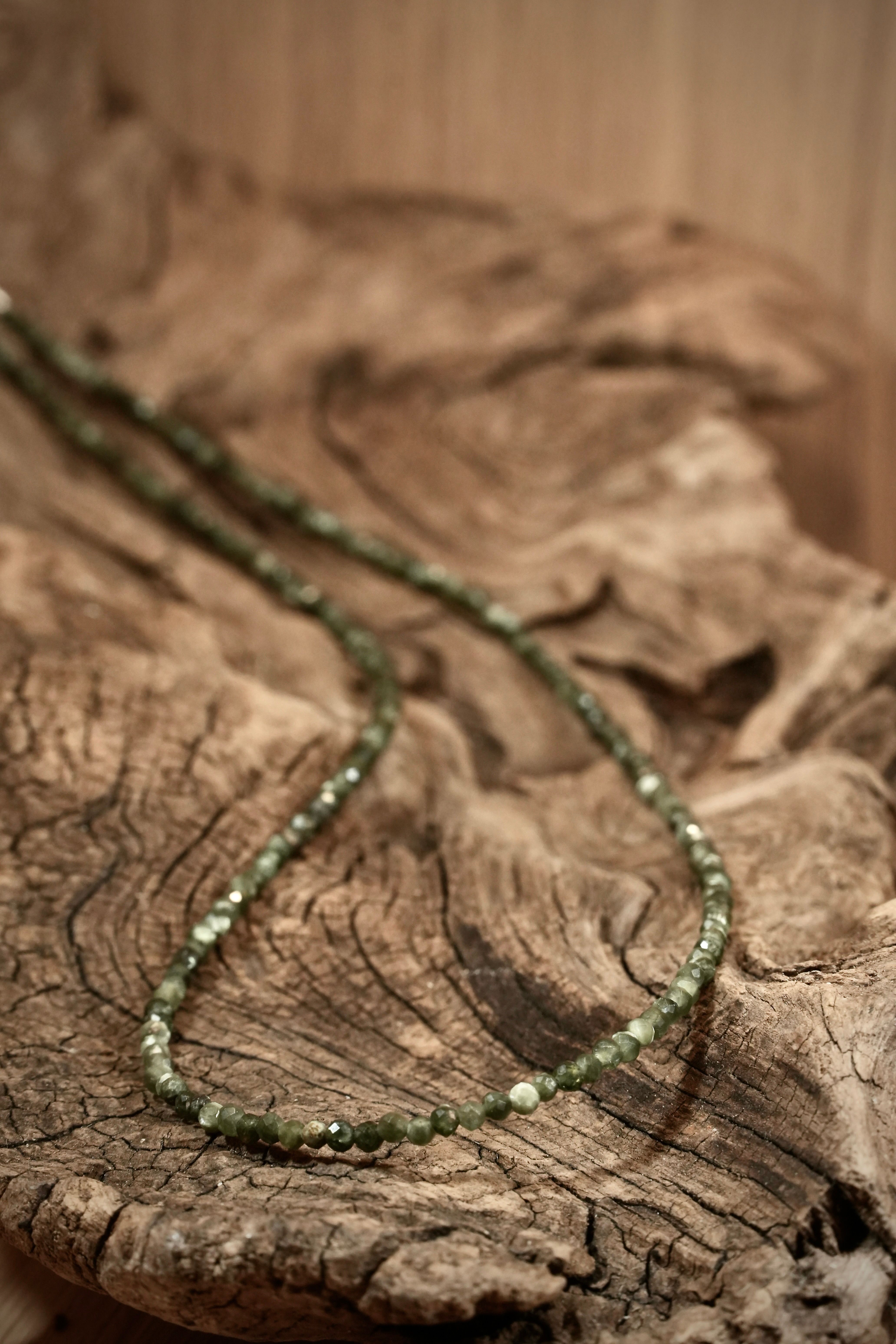 Seraphinite Pearls necklace on root wood