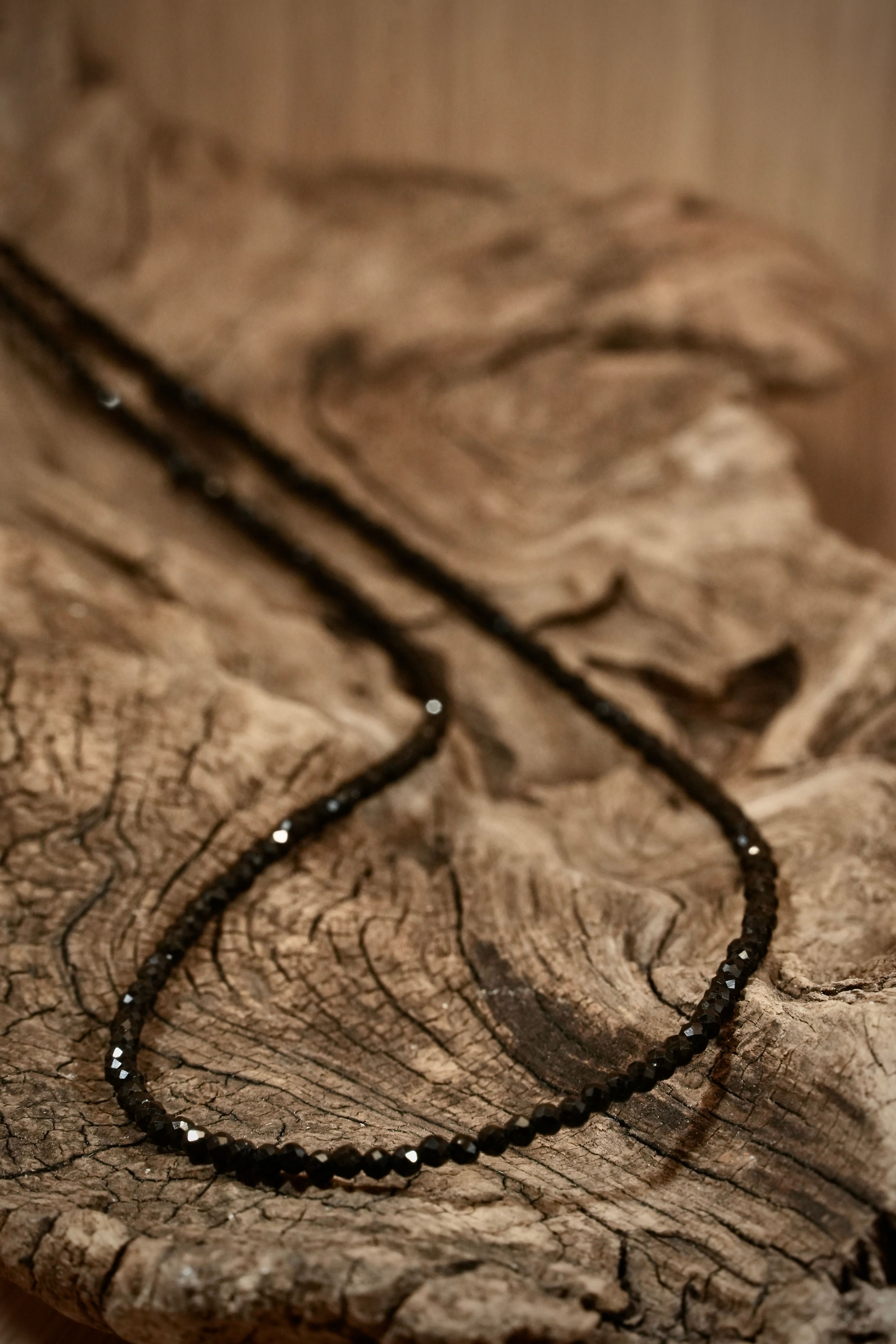 Black tourmaline (schorl) Pearls necklace on root wood