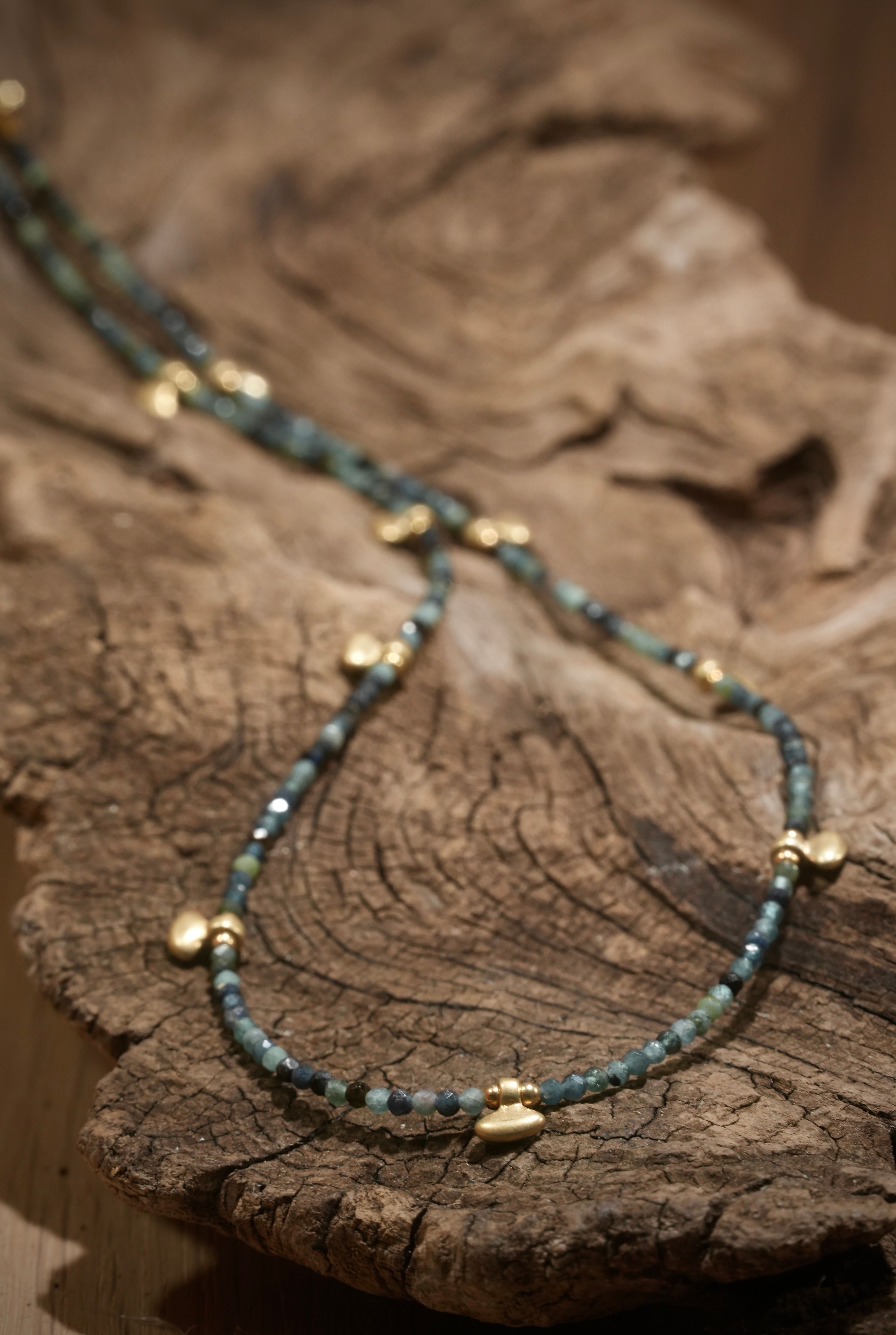 Indicolite Tourmaline Boho necklace with small gold elements