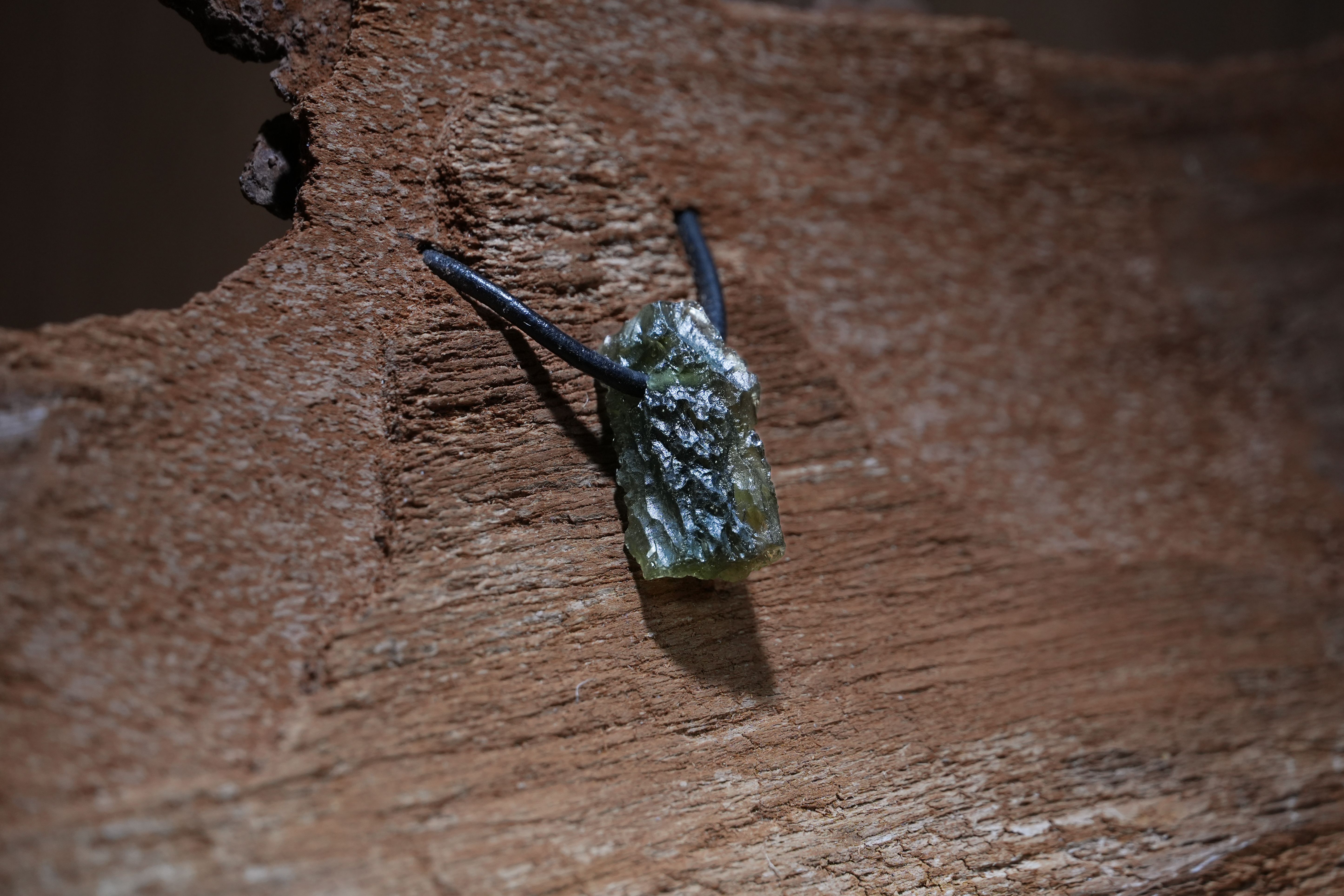 Moldavite, Drilled · No. 1, 1.1 × 2.4 cm