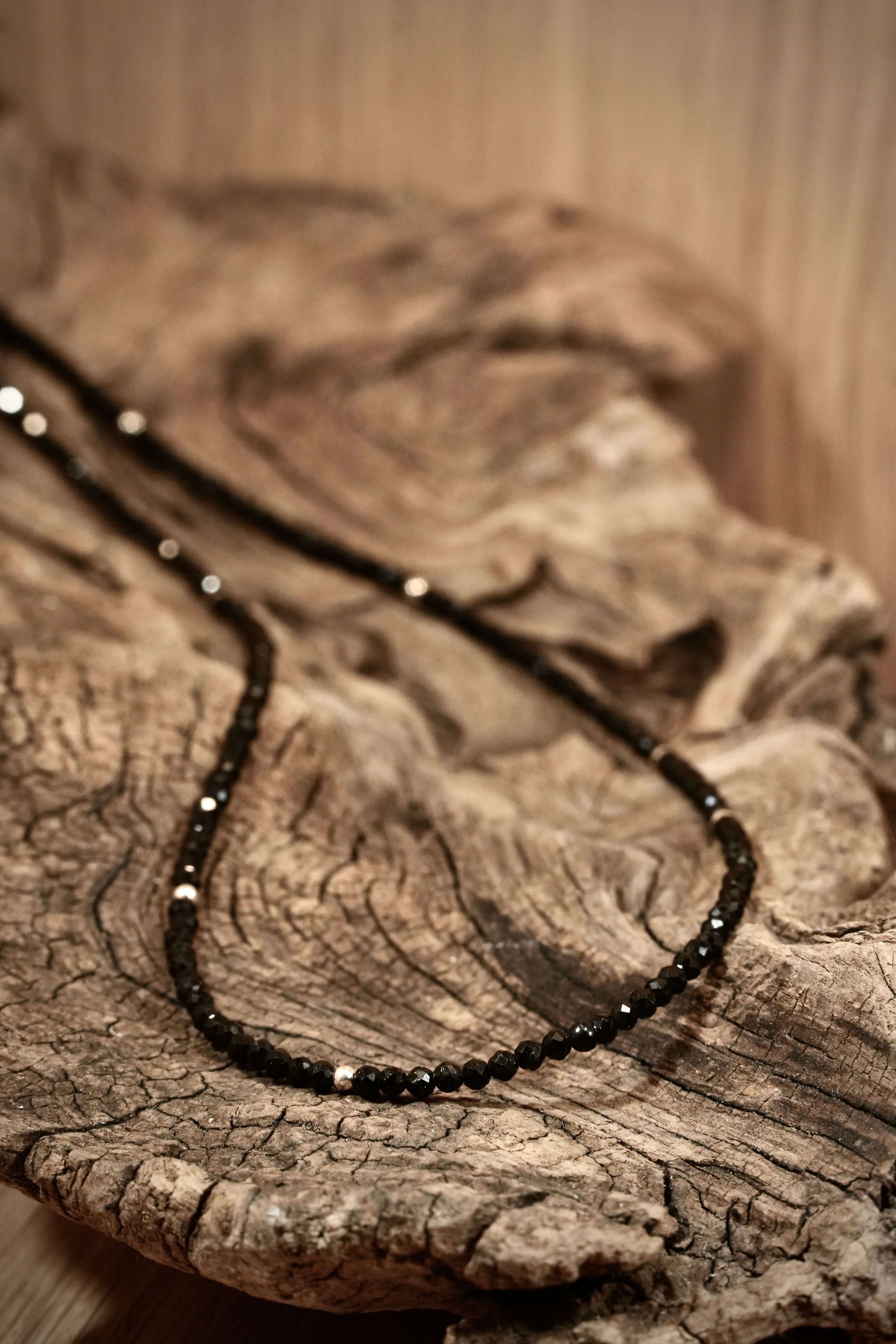 Schorl tourmaline bead necklace with silver beads