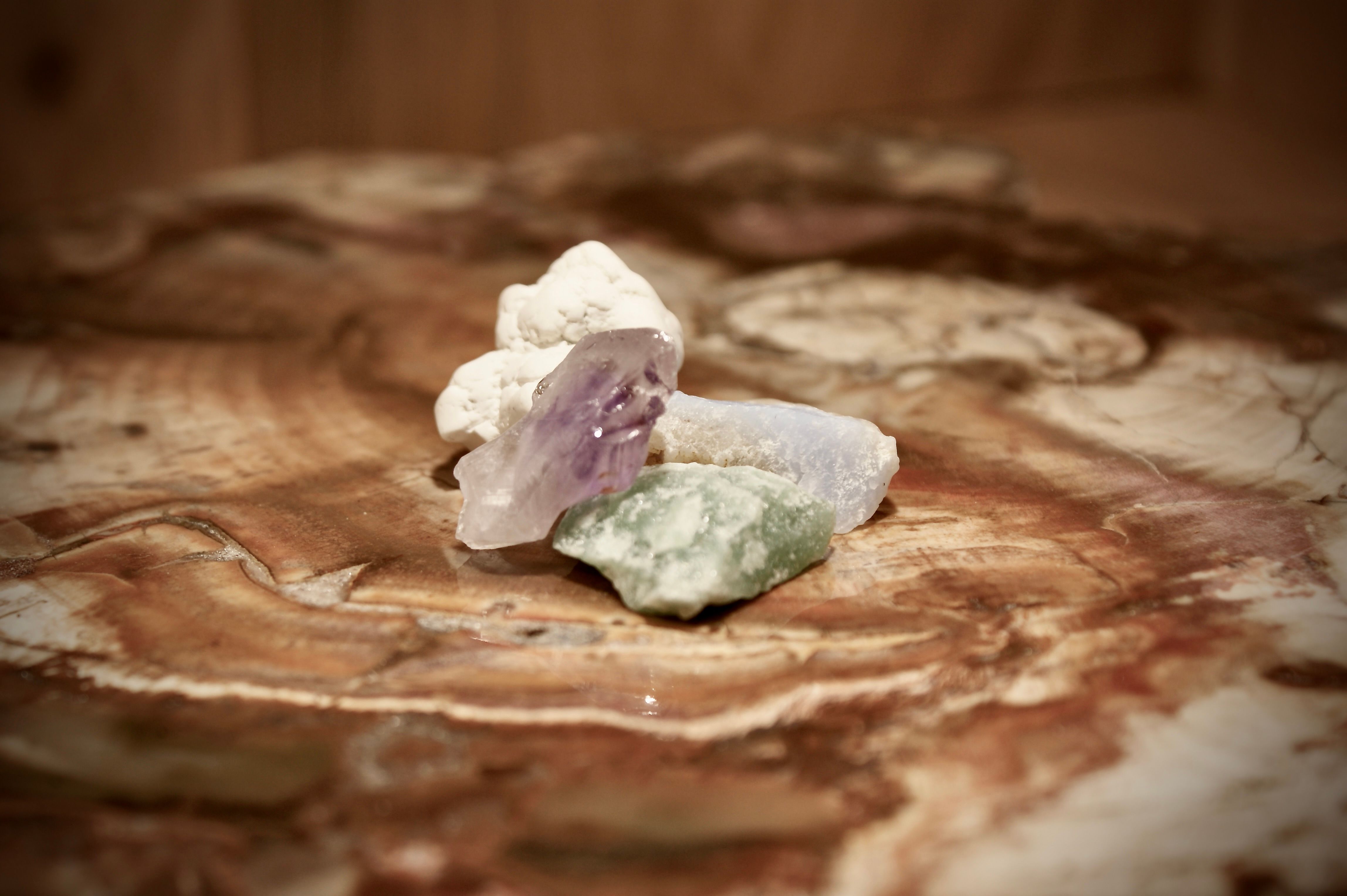 Gemstone water blend of rough stones: amethyst, chalcedony, magnesite and aventurine