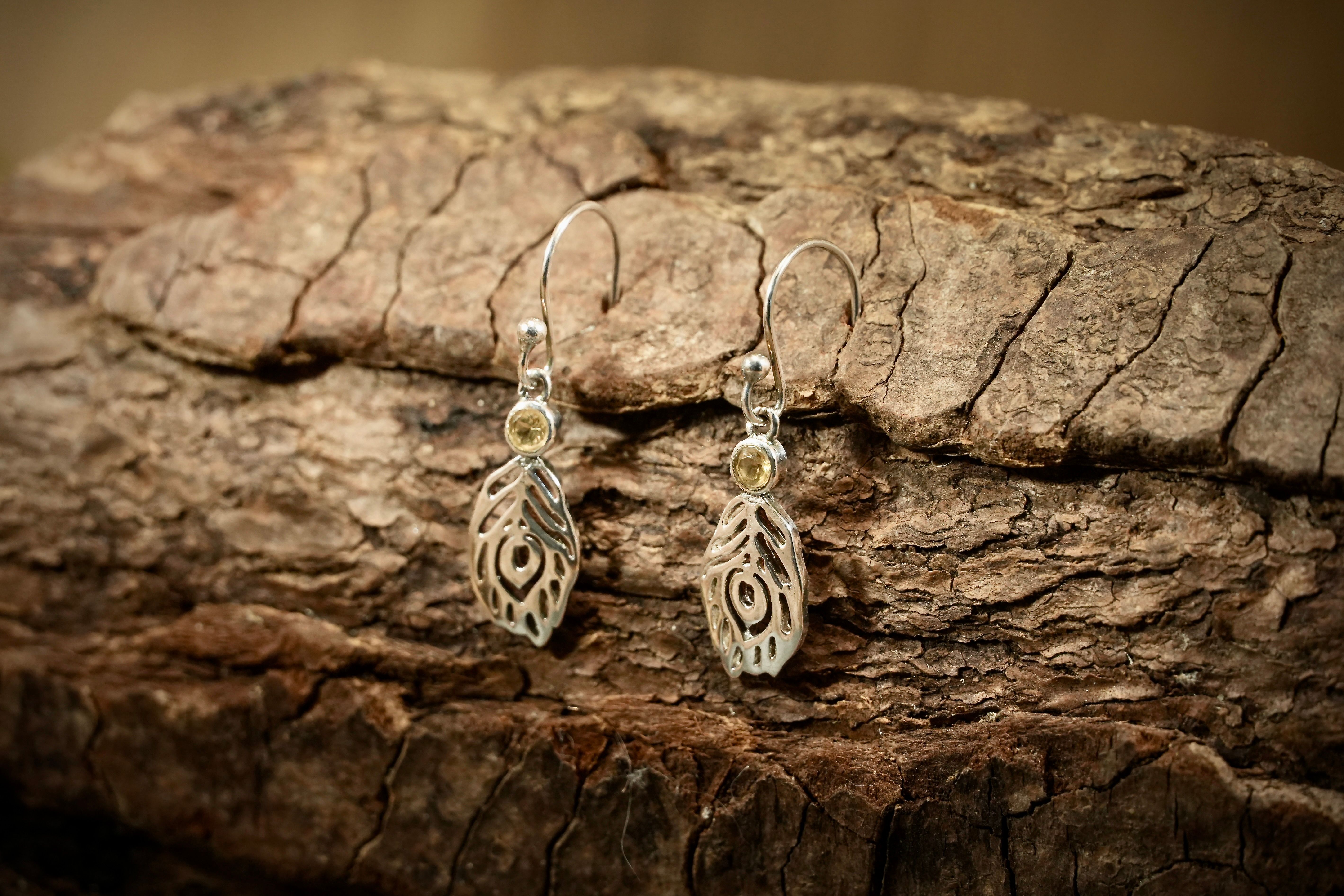 Feather drop earrings with citrine
