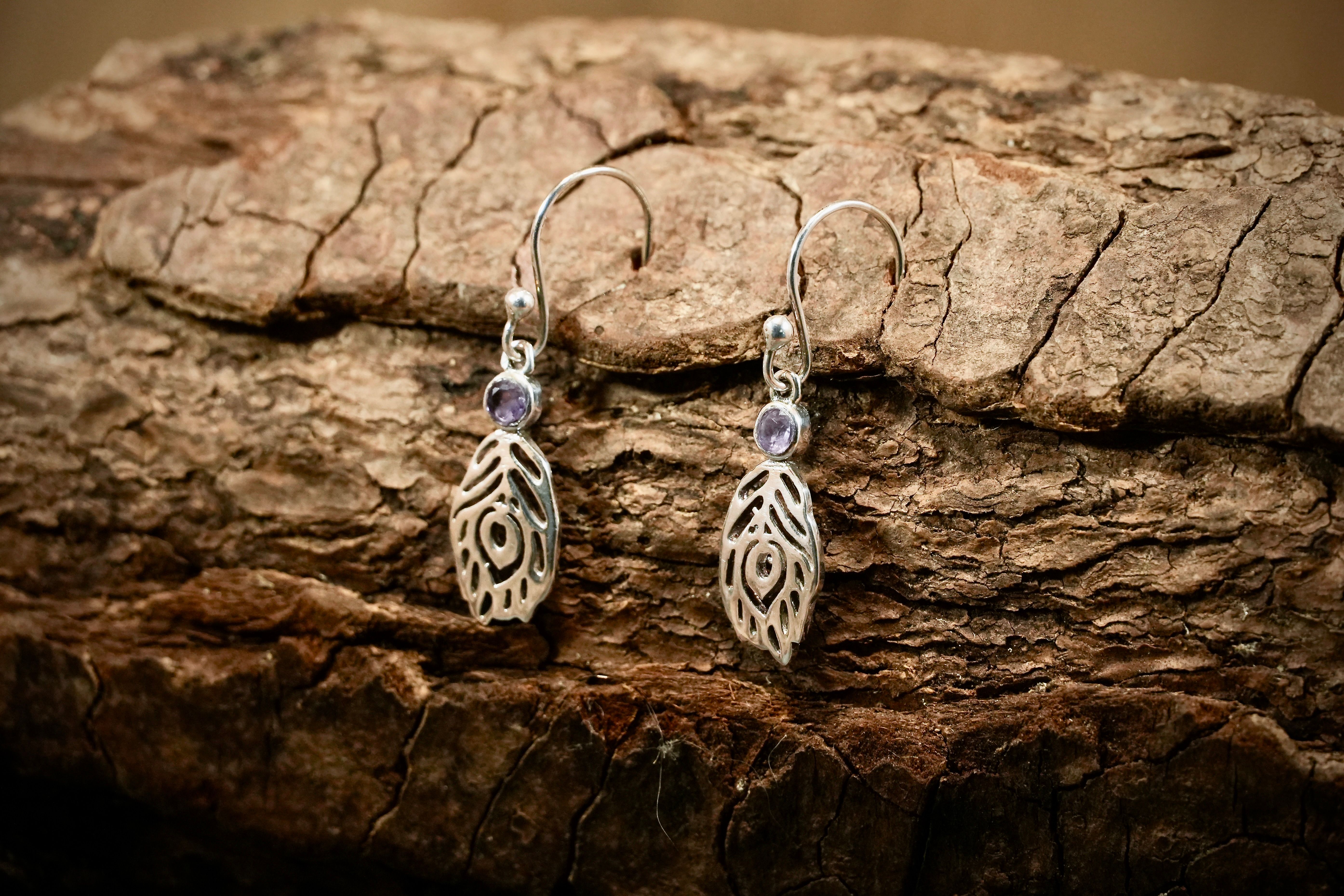 Feather drop earrings with amethyst