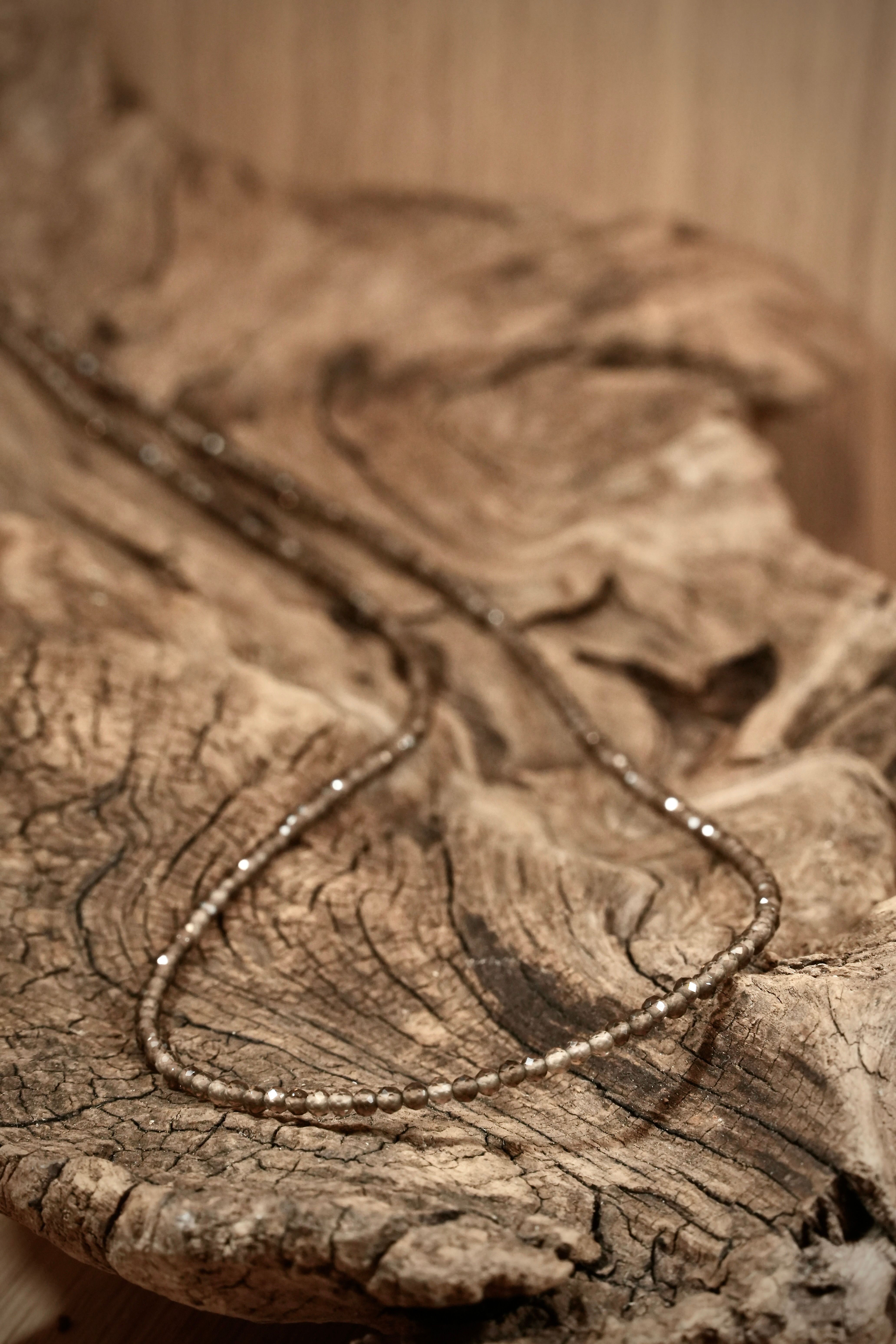 Smoky Quartz Pearls necklace on root wood